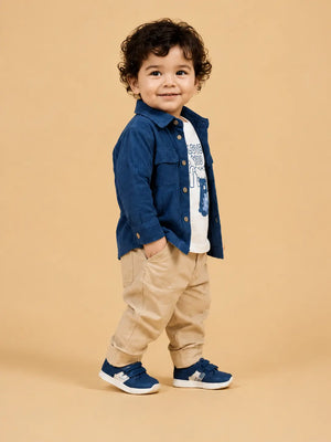 BloomUp Kids Blue Shirt Jacket Co-ord Set – Printed Cotton T-Shirt with Beige Chino Pants | Casual Everyday Outfit