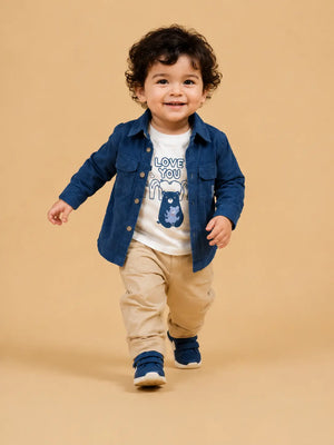 BloomUp Kids Blue Shirt Jacket Co-ord Set – Printed Cotton T-Shirt with Beige Chino Pants | Casual Everyday Outfit