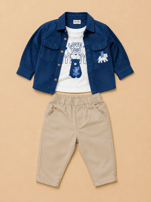 BloomUp Kids Blue Shirt Jacket Co-ord Set – Printed Cotton T-Shirt with Beige Chino Pants | Casual Everyday Outfit