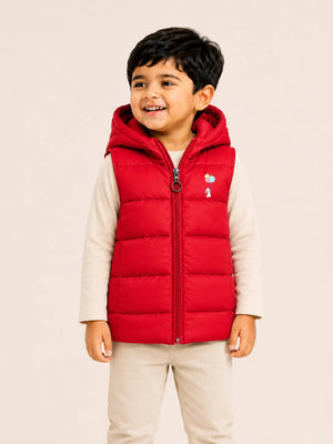 BloomUp Red Hooded Puffer Vest Jacket for Kids – Lightweight Winter Sleeveless Quilted Zip-Up Warm Outdoor Wear