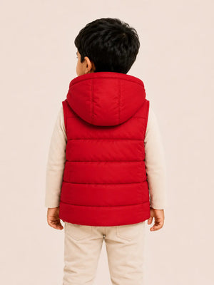 BloomUp Red Hooded Puffer Vest Jacket for Kids – Lightweight Winter Sleeveless Quilted Zip-Up Warm Outdoor Wear