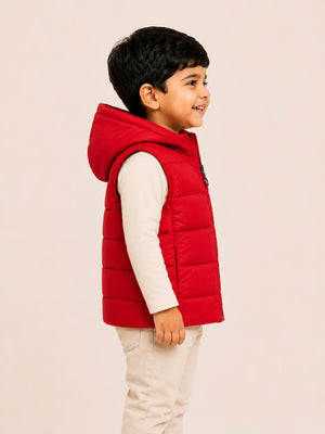 BloomUp Red Hooded Puffer Vest Jacket for Kids – Lightweight Winter Sleeveless Quilted Zip-Up Warm Outdoor Wear