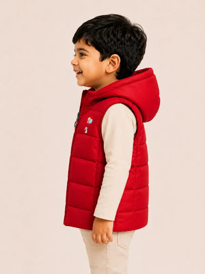 BloomUp Red Hooded Puffer Vest Jacket for Kids – Lightweight Winter Sleeveless Quilted Zip-Up Warm Outdoor Wear