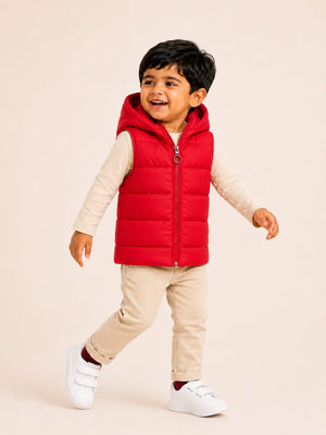 BloomUp Red Hooded Puffer Vest Jacket for Kids – Lightweight Winter Sleeveless Quilted Zip-Up Warm Outdoor Wear