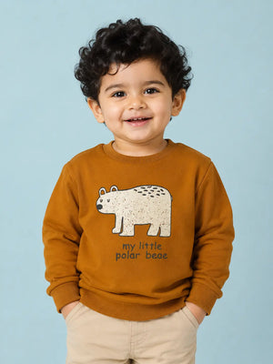 BloomUp Mustard Brown Polar Bear Graphic Sweatshirt for Kids – Soft Full Sleeve Winter Pullover for Baby Boys & Girls