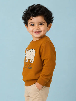 BloomUp Mustard Brown Polar Bear Graphic Sweatshirt for Kids – Soft Full Sleeve Winter Pullover for Baby Boys & Girls