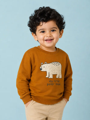 BloomUp Mustard Brown Polar Bear Graphic Sweatshirt for Kids – Soft Full Sleeve Winter Pullover for Baby Boys & Girls