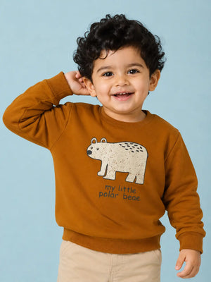 BloomUp Mustard Brown Polar Bear Graphic Sweatshirt for Kids – Soft Full Sleeve Winter Pullover for Baby Boys & Girls