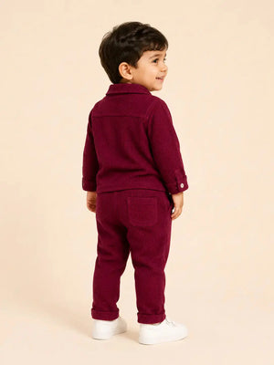 BloomUp Mehroon Textured 3-Piece Co-ord Set for Baby Boys – Waffle Shirt, Graphic T-Shirt & Pants Set