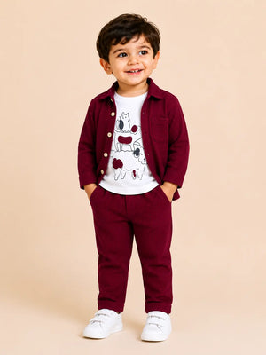 BloomUp Mehroon Textured 3-Piece Co-ord Set for Baby Boys – Waffle Shirt, Graphic T-Shirt & Pants Set