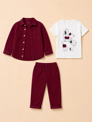 BloomUp Mehroon Textured 3-Piece Co-ord Set for Baby Boys – Waffle Shirt, Graphic T-Shirt & Pants Set