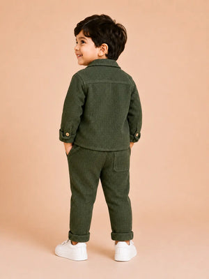 BloomUp Olive Green Textured 3-Piece Co-ord Set for Baby Boys – Waffle Shirt, Graphic T-Shirt & Pants Set