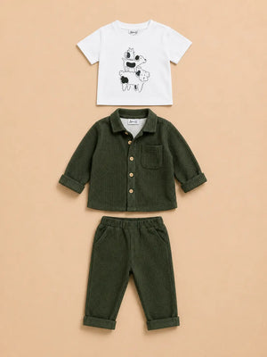 BloomUp Olive Green Textured 3-Piece Co-ord Set for Baby Boys – Waffle Shirt, Graphic T-Shirt & Pants Set