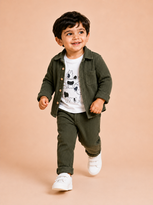 Olive Green Textured 3-Piece Co-ord Set for Baby Boys – Waffle Shirt, Graphic T-Shirt & Pants Set BloomUp
