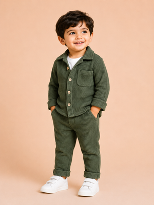 Olive Green Textured 3-Piece Co-ord Set for Baby Boys – Waffle Shirt, Graphic T-Shirt & Pants Set BloomUp