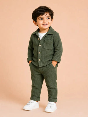 BloomUp Olive Green Textured 3-Piece Co-ord Set for Baby Boys – Waffle Shirt, Graphic T-Shirt & Pants Set