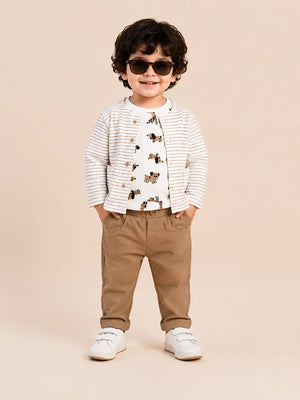 BloomUp Beige Striped Jacket, Dog Print T-Shirt & Brown Pants Set for Boys – Soft Cotton 3-Piece Kids Outfit