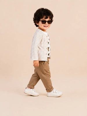BloomUp Beige Striped Jacket, Dog Print T-Shirt & Brown Pants Set for Boys – Soft Cotton 3-Piece Kids Outfit