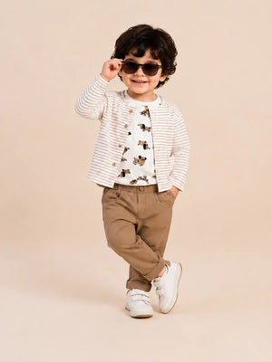 BloomUp Beige Striped Jacket, Dog Print T-Shirt & Brown Pants Set for Boys – Soft Cotton 3-Piece Kids Outfit