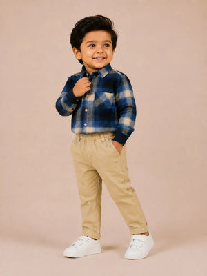 BloomUp Blue Checked Shirt & Beige Trouser Co-ord Set for Baby Boys – Smart Casual 2-Piece Outfit
