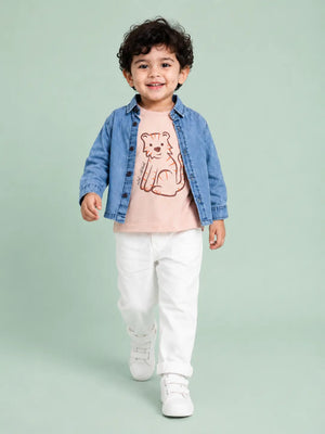 BloomUp 3-Piece Tiger Graphic Outfit Set for Baby Boys – Denim Shirt, Printed T-Shirt & White Trousers