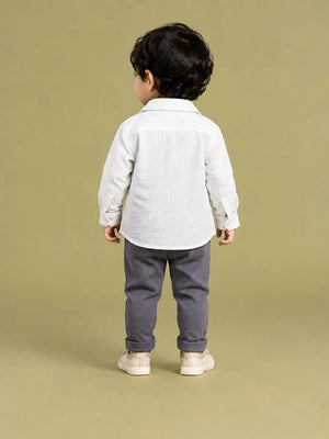 BloomUp Grey Dinosaur Graphic 3-Piece Outfit Set for Baby Boys – Shirt, Printed T-Shirt & Casual Trousers
