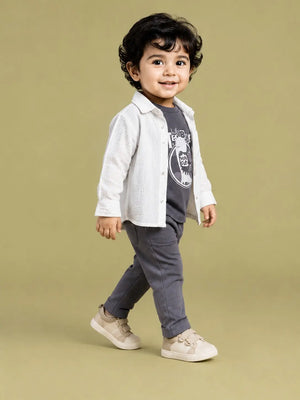 BloomUp Grey Dinosaur Graphic 3-Piece Outfit Set for Baby Boys – Shirt, Printed T-Shirt & Casual Trousers