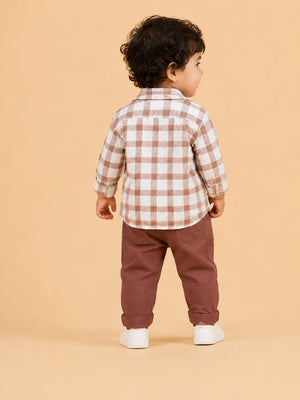 BloomUp Brown Checked 3-Piece Co-ord Set for Baby Boys – Checked Shirt, Graphic T-Shirt & Casual Pants Outfit