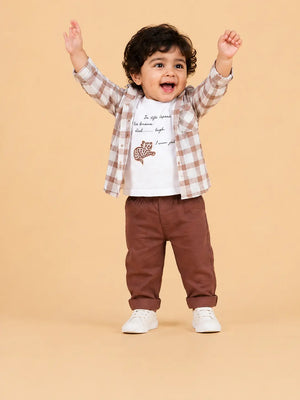 BloomUp Brown Checked 3-Piece Co-ord Set for Baby Boys – Checked Shirt, Graphic T-Shirt & Casual Pants Outfit