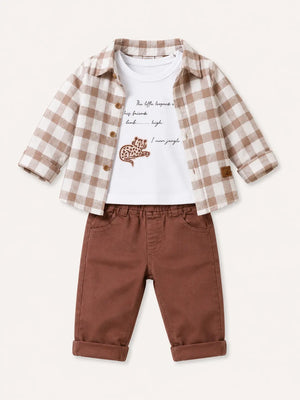 BloomUp Brown Checked 3-Piece Co-ord Set for Baby Boys – Checked Shirt, Graphic T-Shirt & Casual Pants Outfit