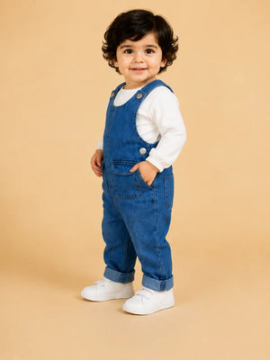 BloomUp Blue Denim Dungaree Set for Kids – Premium Cotton Overalls with White Inner Shirt | Everyday Casual Wear Outfit