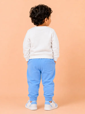 BloomUp White & Blue Teddy Bear Applique Co-ord Set for Baby Boys – Soft Sweatshirt & Jogger Pants Kids Outfit