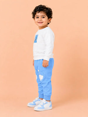 BloomUp White & Blue Teddy Bear Applique Co-ord Set for Baby Boys – Soft Sweatshirt & Jogger Pants Kids Outfit
