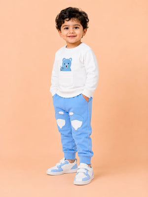 BloomUp White & Blue Teddy Bear Applique Co-ord Set for Baby Boys – Soft Sweatshirt & Jogger Pants Kids Outfit