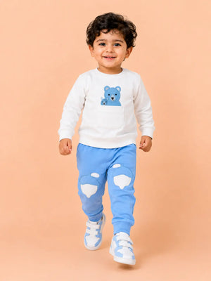 BloomUp White & Blue Teddy Bear Applique Co-ord Set for Baby Boys – Soft Sweatshirt & Jogger Pants Kids Outfit