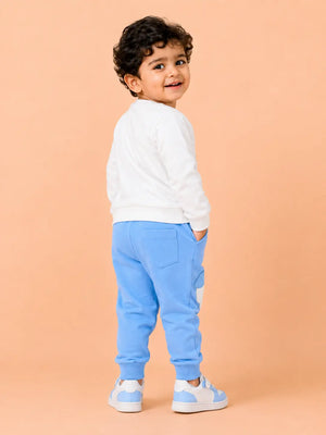 BloomUp White & Blue Teddy Bear Applique Co-ord Set for Baby Boys – Soft Sweatshirt & Jogger Pants Kids Outfit
