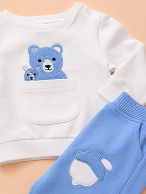 BloomUp White & Blue Teddy Bear Applique Co-ord Set for Baby Boys – Soft Sweatshirt & Jogger Pants Kids Outfit