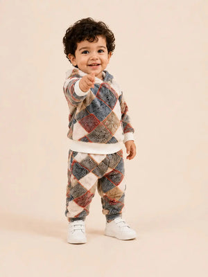 BloomUp Patchwork Print Hooded Sweatshirt & Joggers Set for Toddlers
