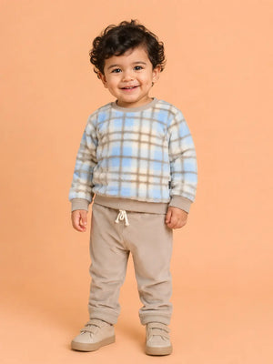 BloomUp Pastel Blue Checked Plush Fleece Co-ord Set for Kids – Soft Winter Sweatshirt & Beige Jogger Pants Outfit