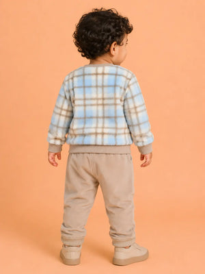 BloomUp Pastel Blue Checked Plush Fleece Co-ord Set for Kids – Soft Winter Sweatshirt & Beige Jogger Pants Outfit