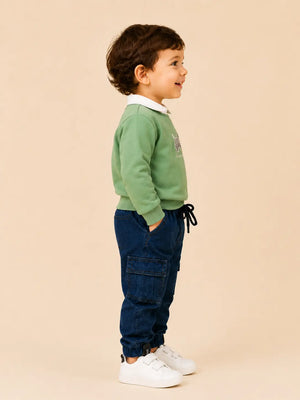 BloomUp Olive Green Scottish Terrier Collared Sweatshirt & Denim Cargo Pants Set for Boys – Soft Fleece Kids Co-ord Outfit