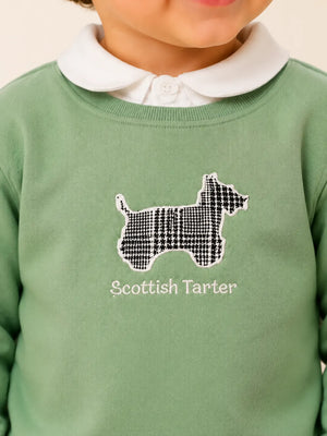BloomUp Olive Green Scottish Terrier Collared Sweatshirt & Denim Cargo Pants Set for Boys – Soft Fleece Kids Co-ord Outfit