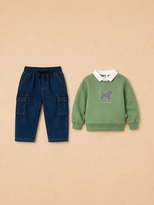 BloomUp Olive Green Scottish Terrier Collared Sweatshirt & Denim Cargo Pants Set for Boys – Soft Fleece Kids Co-ord Outfit