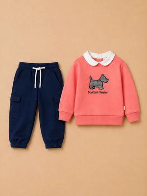 BloomUp Coral Pink Scottish Terrier Sweatshirt & Navy Cargo Jogger Set for Kids – Soft Fleece Winter Co-ord Outfit