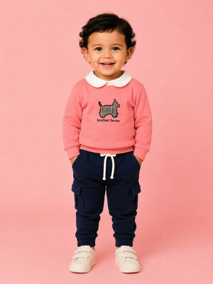BloomUp Coral Pink Scottish Terrier Sweatshirt & Navy Cargo Jogger Set for Kids – Soft Fleece Winter Co-ord Outfit
