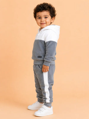 BloomUp Grey & White Fleece Hooded Co-ord Set for Baby Boys – Soft Winter Hoodie & Jogger Pants Set