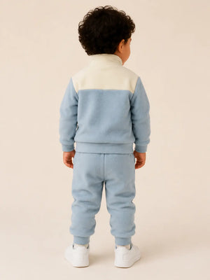 BloomUp Sky Blue & Cream Fleece Co-ord Set for Boys – Half Zip Sweatshirt & Jogger Pants Set