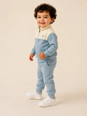 BloomUp Sky Blue & Cream Fleece Co-ord Set for Boys – Half Zip Sweatshirt & Jogger Pants Set