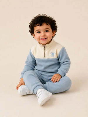 BloomUp Sky Blue & Cream Fleece Co-ord Set for Boys – Half Zip Sweatshirt & Jogger Pants Set
