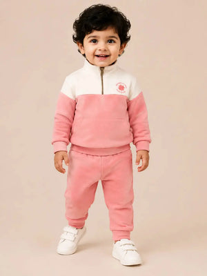 BloomUp Pink & Ivory Fleece Co-ord Set for boy – Half Zip Sweatshirt & Jogger Pants Set